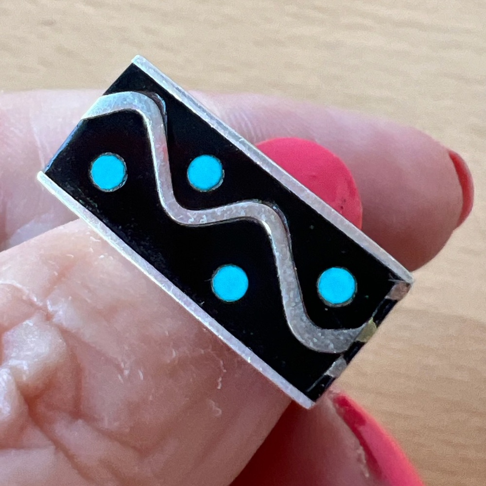 VINTAGE VERY RARE TAXCO MEXICO STERLING SILVR MODERNIST SQUARE BLACK ENAMEL RING